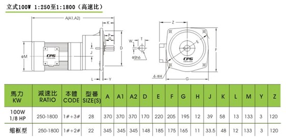 CPG晟邦齿轮减速马达立式100W 高速比1:250至1:1800安装尺寸图